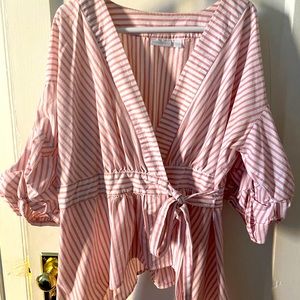 Puffy 3/4 sleeve striped work blouse